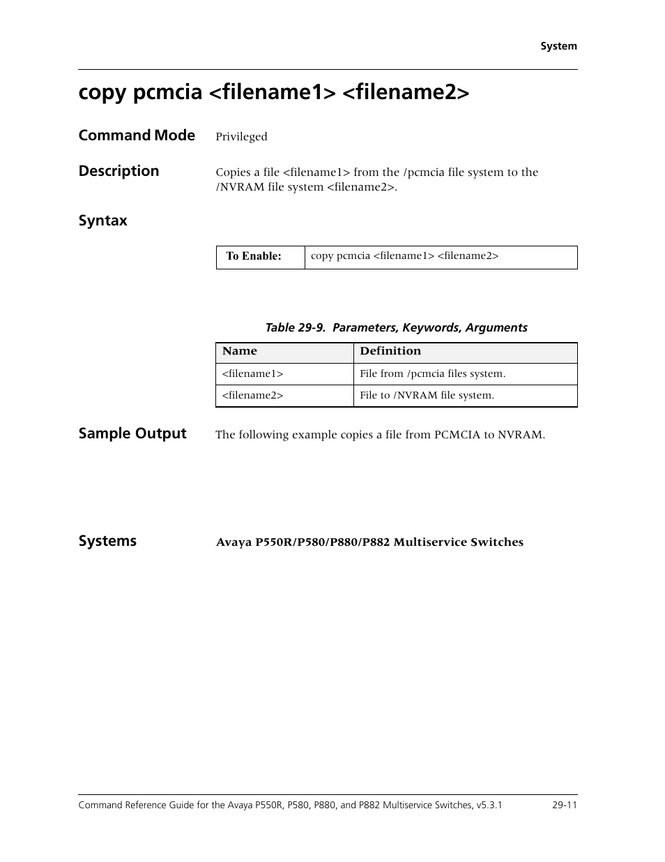 Copy pcmcia <filename1> <filename2, Copy pcmcia <filename1> <filename2> -11 | Avaya Cajun P550R User Manual | Page 566 / 679