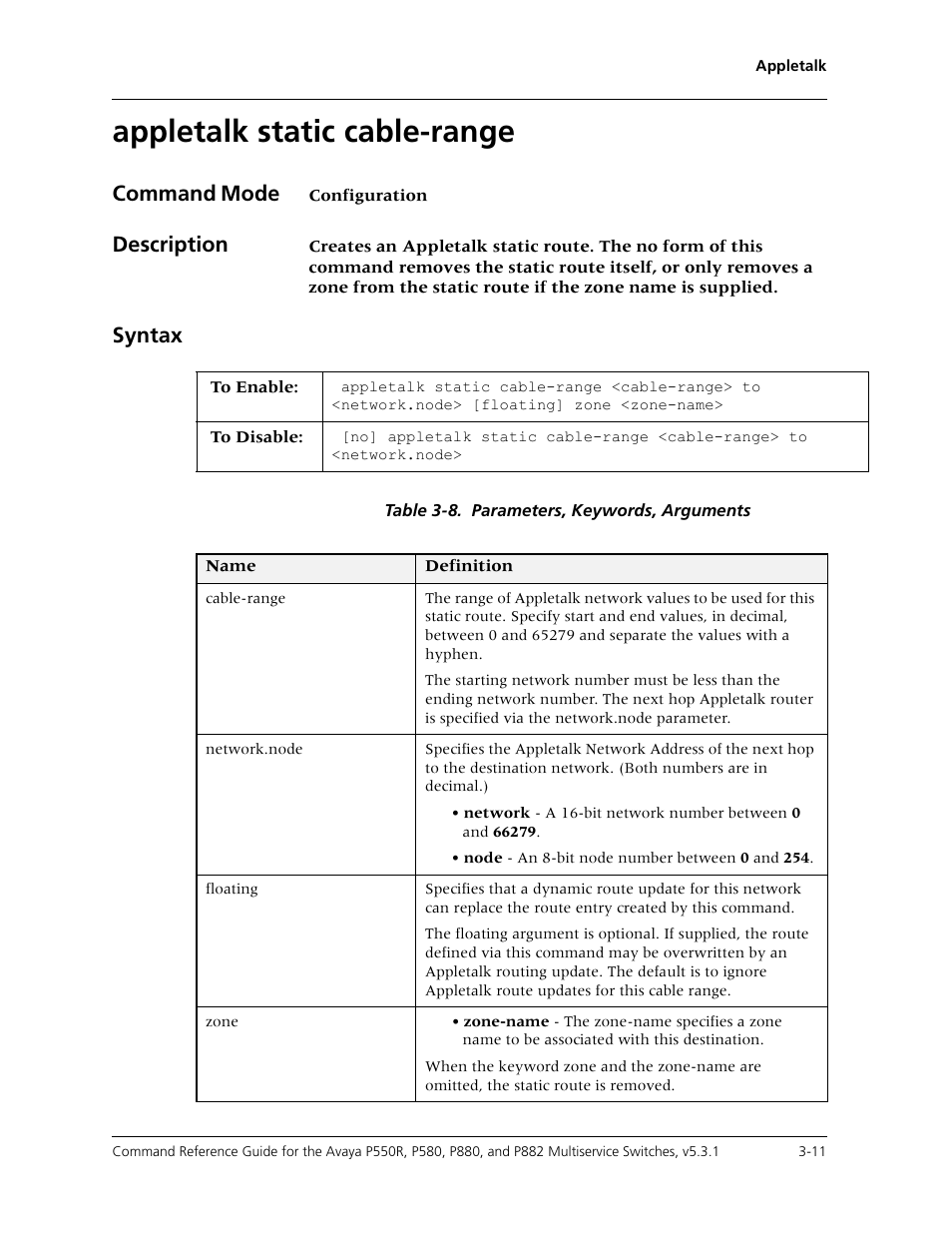 Appletalk static cable-range, Appletalk static cable-range -11, Command mode | Description, Syntax | Avaya Cajun P550R User Manual | Page 58 / 679