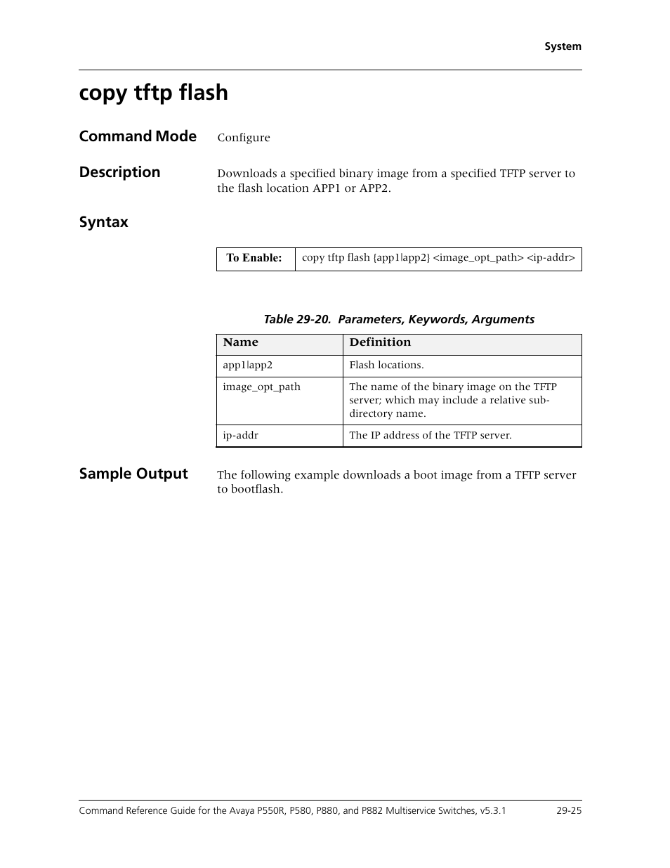 Copy tftp flash, Copy tftp flash -25, Command mode | Description, Syntax sample output | Avaya Cajun P550R User Manual | Page 580 / 679