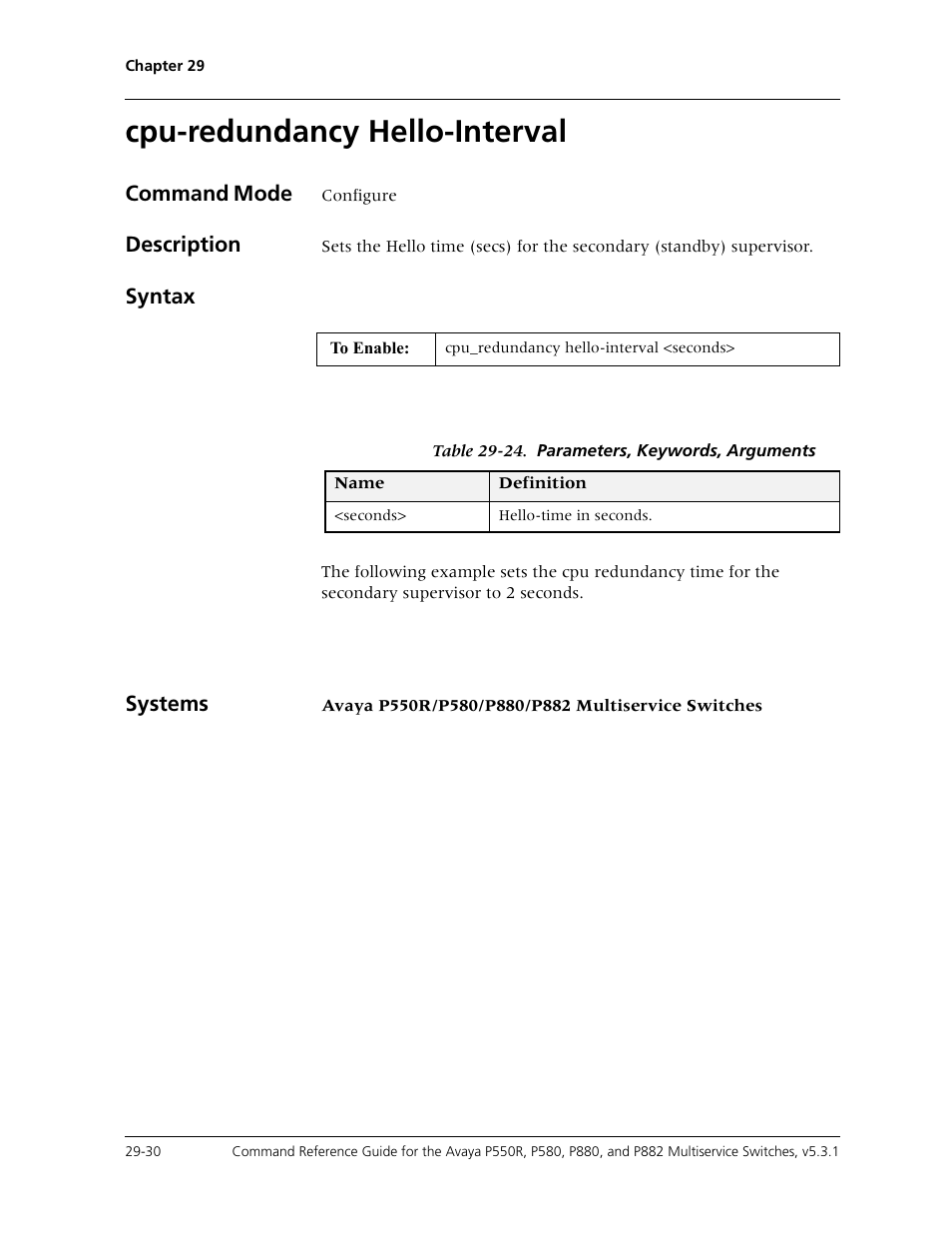 Cpu-redundancy hello-interval, Cpu-redundancy hello-interval -30 | Avaya Cajun P550R User Manual | Page 585 / 679