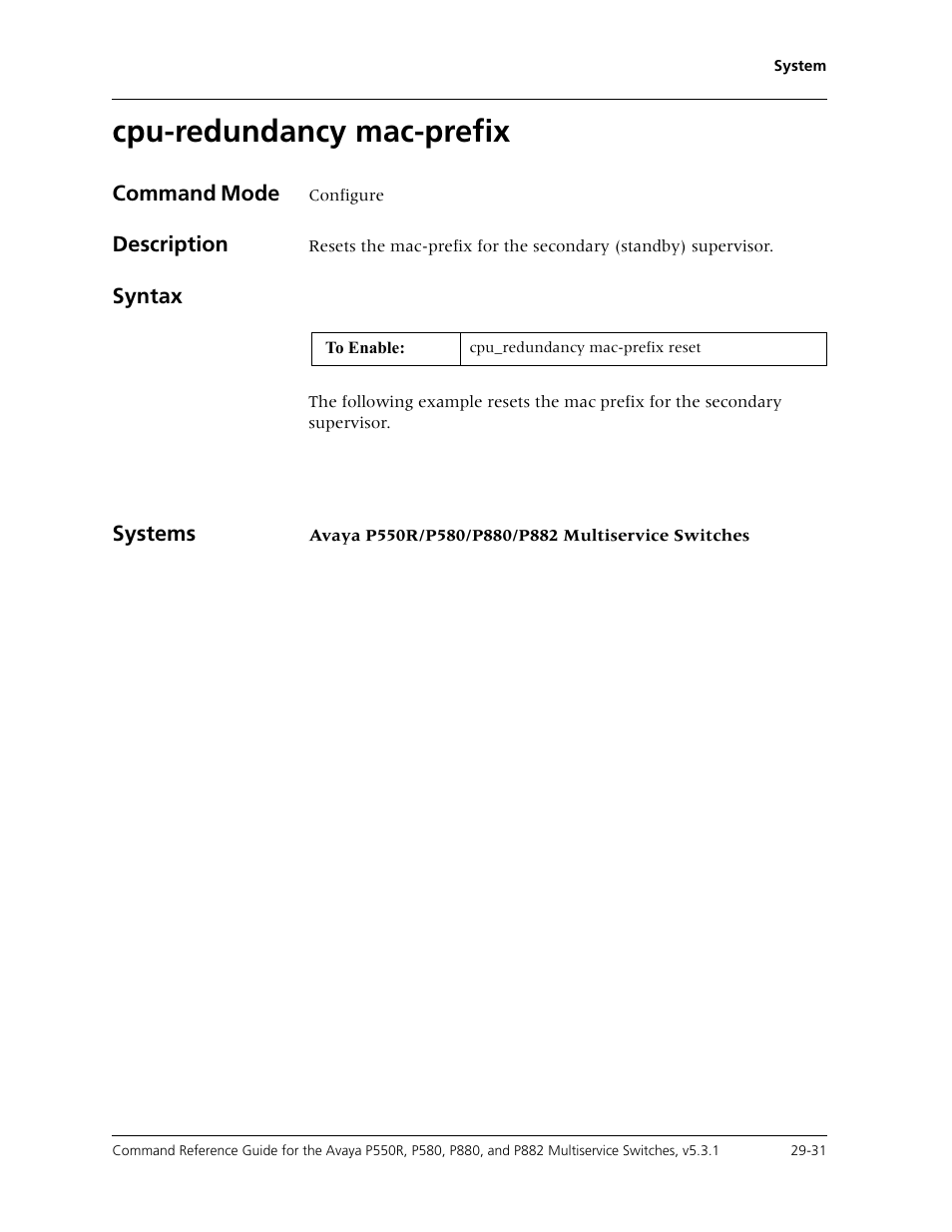 Cpu-redundancy mac-prefix, Cpu-redundancy mac-prefix -31 | Avaya Cajun P550R User Manual | Page 586 / 679