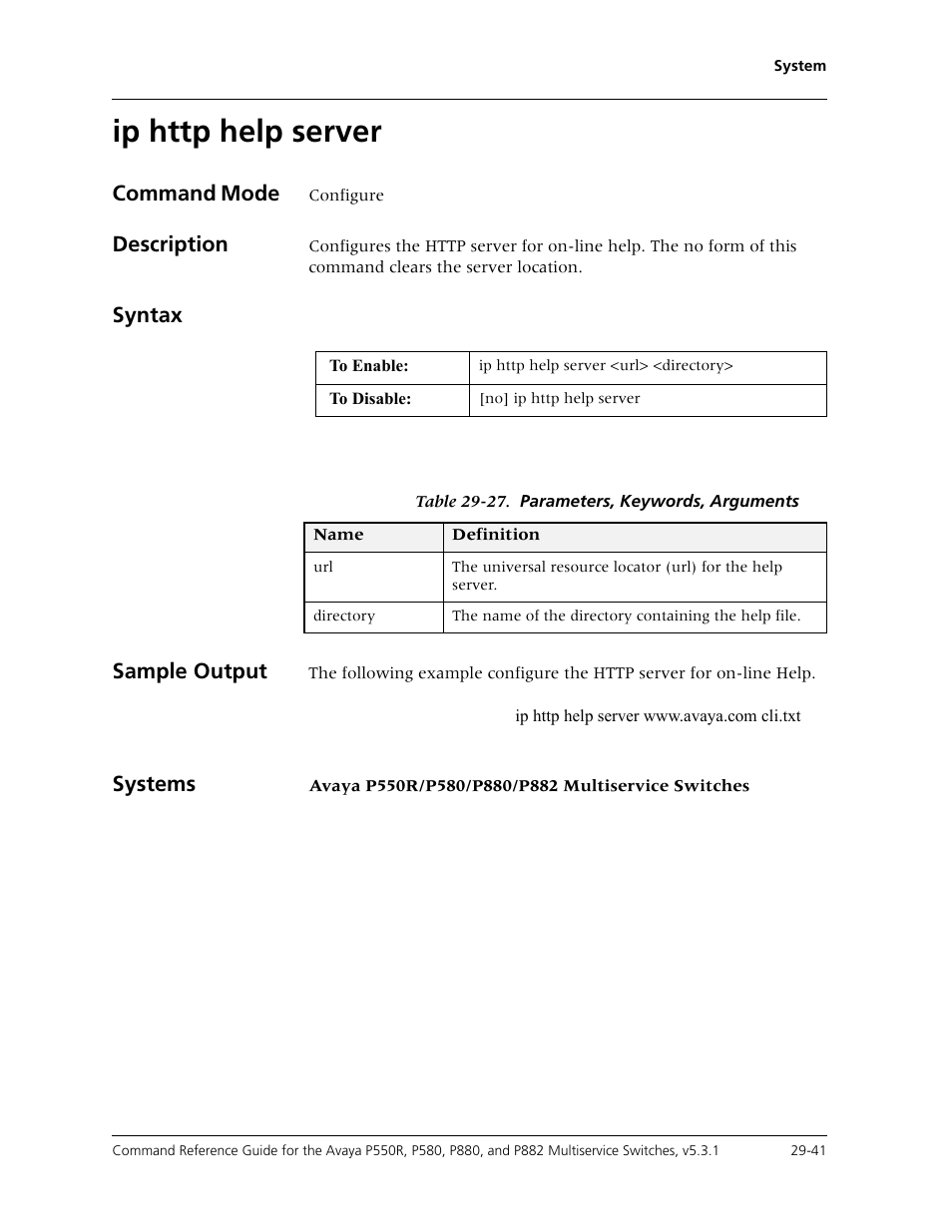 Ip http help server, Ip http help server -41, Command mode | Description, Syntax sample output, Systems | Avaya Cajun P550R User Manual | Page 596 / 679