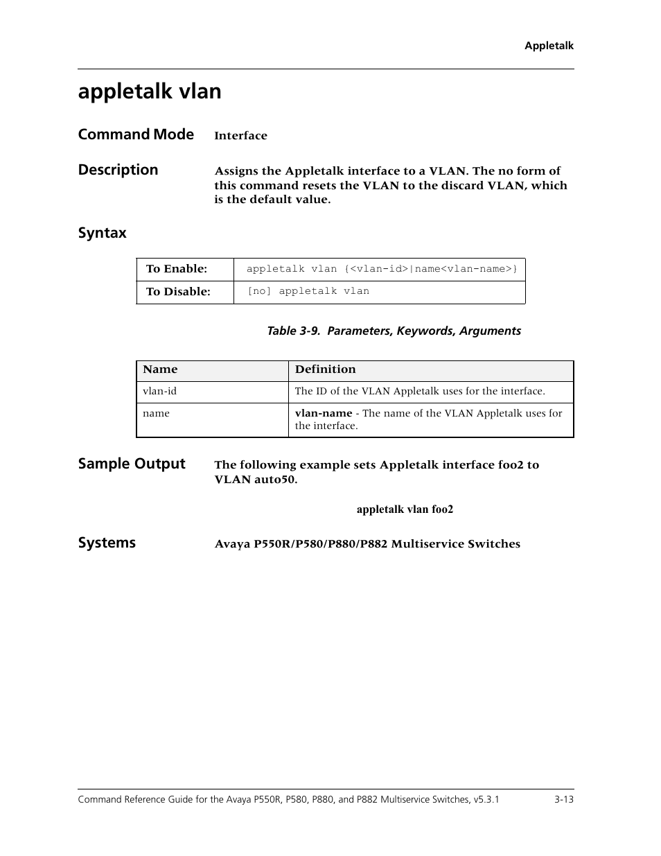 Appletalk vlan, Appletalk vlan -13, Command mode | Description, Syntax, Sample output, Systems | Avaya Cajun P550R User Manual | Page 60 / 679