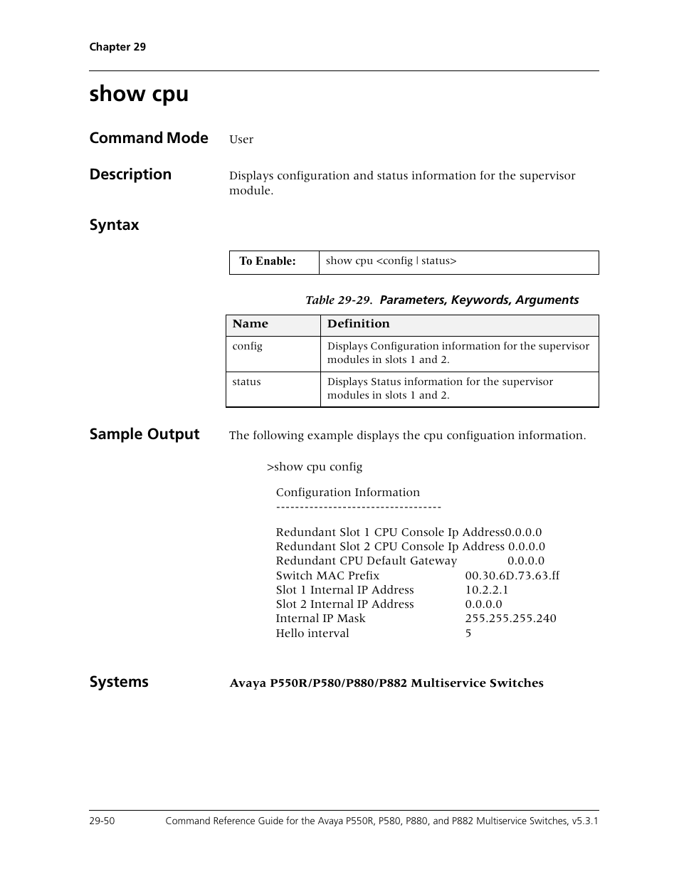 Show cpu, Show cpu -50, Command mode | Description, Syntax sample output, Systems | Avaya Cajun P550R User Manual | Page 605 / 679