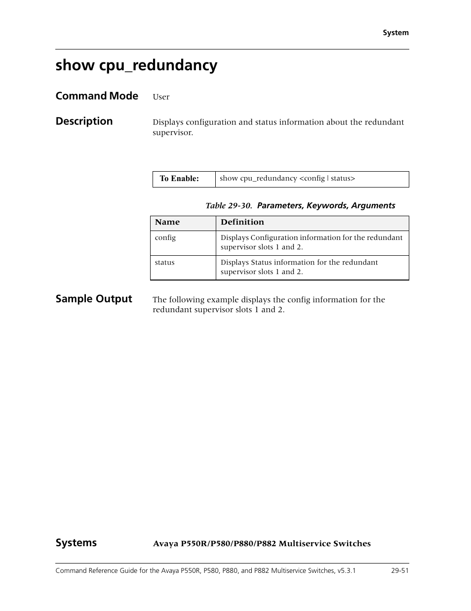 Show cpu_redundancy, Show cpu_redundancy -51, Command mode | Description, Sample output, Systems | Avaya Cajun P550R User Manual | Page 606 / 679