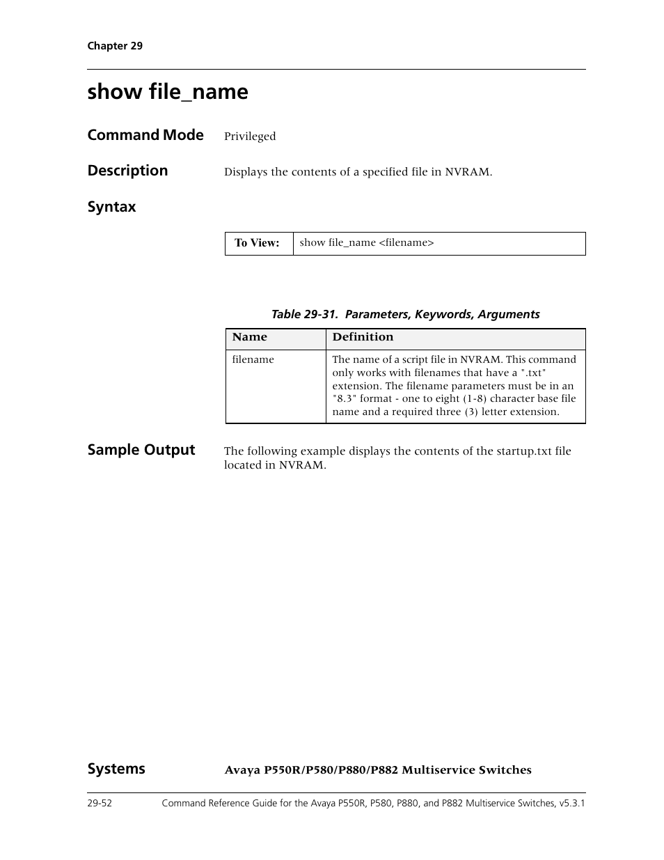 Show file_name, Show file_name -52, Command mode | Description, Syntax sample output, Systems | Avaya Cajun P550R User Manual | Page 607 / 679