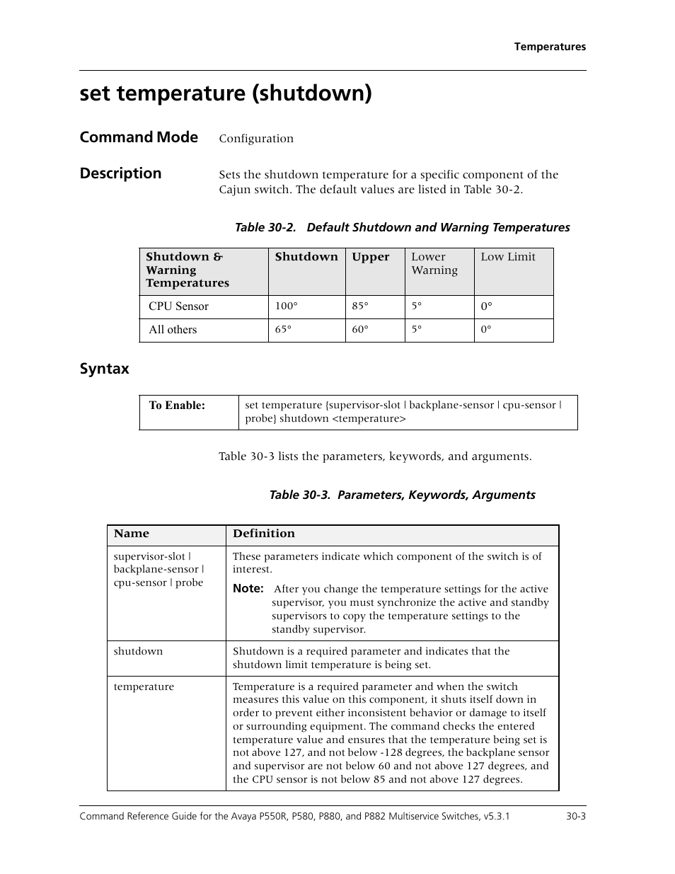 Set temperature (shutdown), Set temperature (shutdown) -3, Command mode | Description, Syntax | Avaya Cajun P550R User Manual | Page 614 / 679