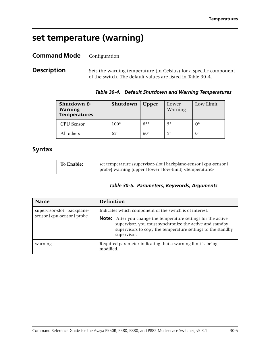 Set temperature (warning), Set temperature (warning) -5, Command mode | Description, Syntax | Avaya Cajun P550R User Manual | Page 616 / 679