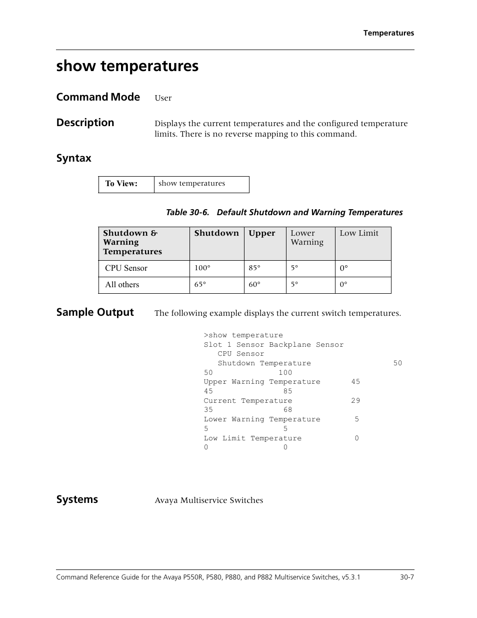 Show temperatures, Show temperatures -7, Command mode | Description, Syntax, Sample output, Systems | Avaya Cajun P550R User Manual | Page 618 / 679