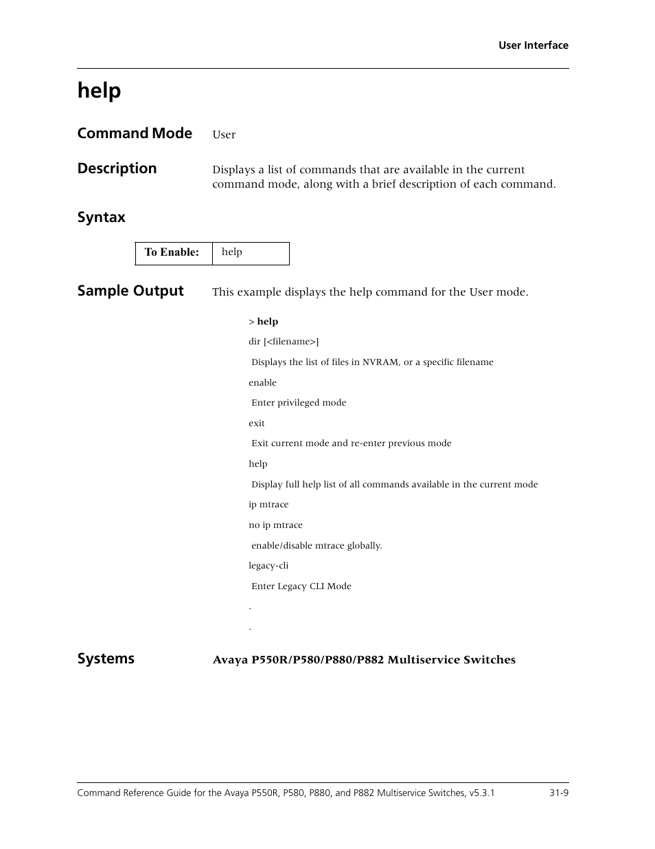 Help, Help -9, Command mode | Description, Syntax sample output, Systems | Avaya Cajun P550R User Manual | Page 628 / 679