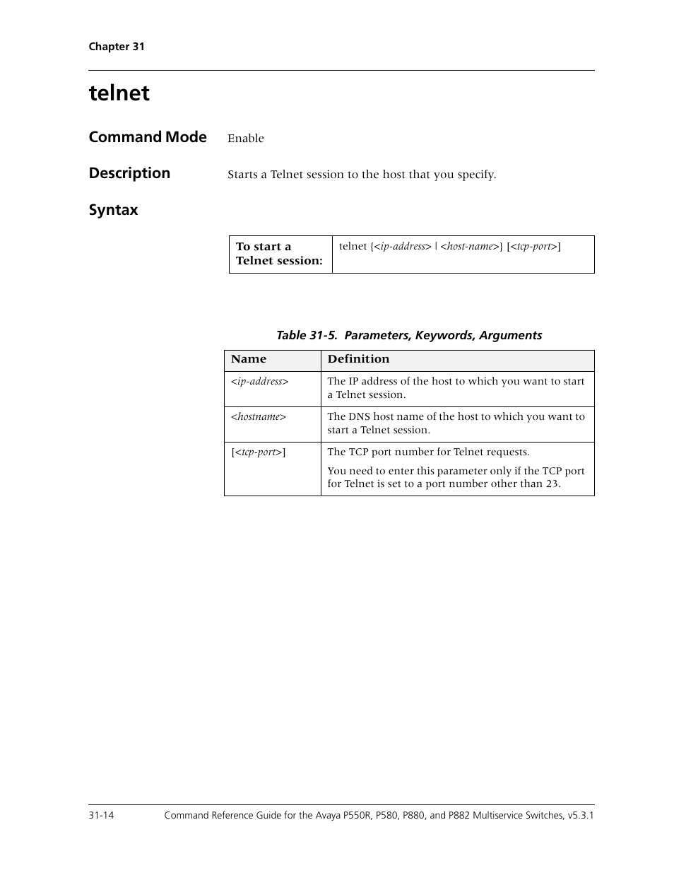 Telnet, Telnet -14, Command mode | Description, Syntax | Avaya Cajun P550R User Manual | Page 633 / 679