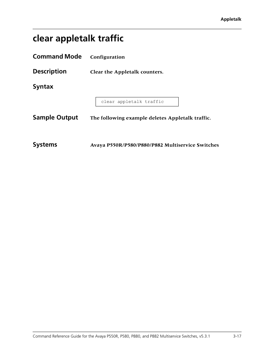 Clear appletalk traffic, Clear appletalk traffic -17 | Avaya Cajun P550R User Manual | Page 64 / 679