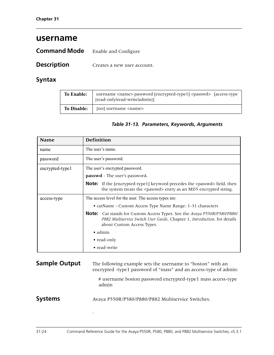 Username, Username -24, Command mode | Description, Syntax, Sample output, Systems | Avaya Cajun P550R User Manual | Page 643 / 679