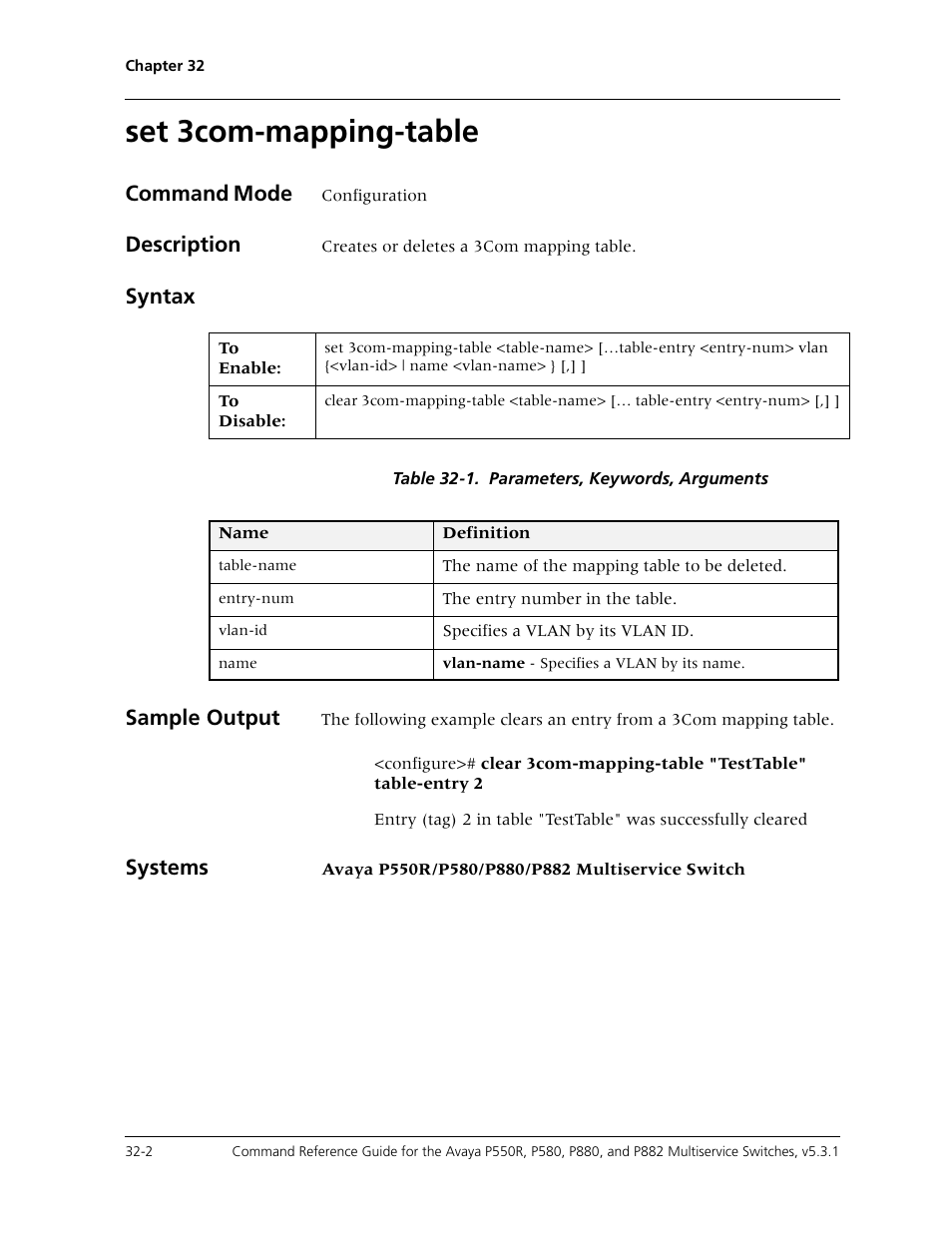 Set 3com-mapping-table, Set 3com-mapping-table -2, Command mode | Description, Syntax, Sample output, Systems | Avaya Cajun P550R User Manual | Page 647 / 679