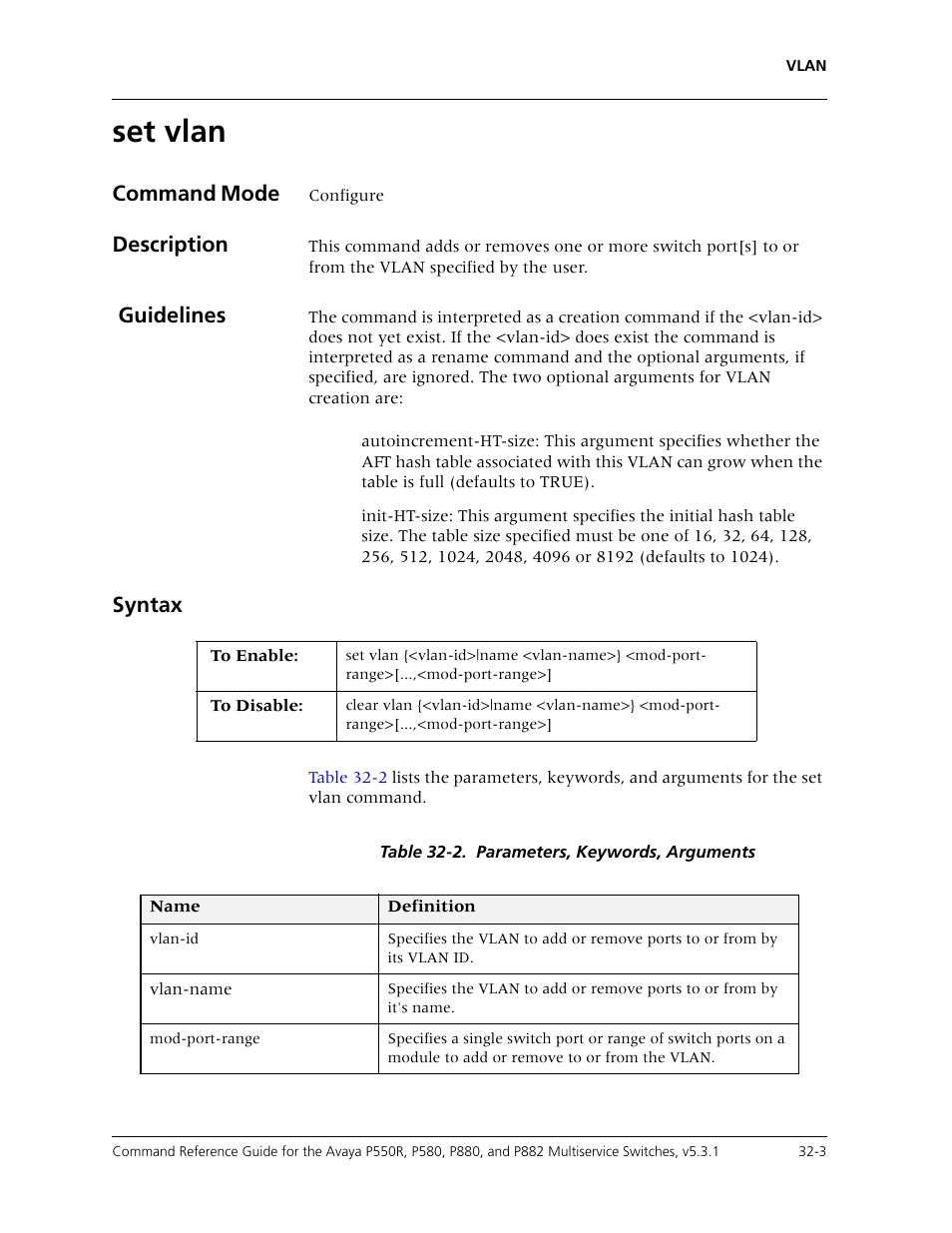 Set vlan, Set vlan -3, Command mode | Description, Guidelines, Syntax | Avaya Cajun P550R User Manual | Page 648 / 679