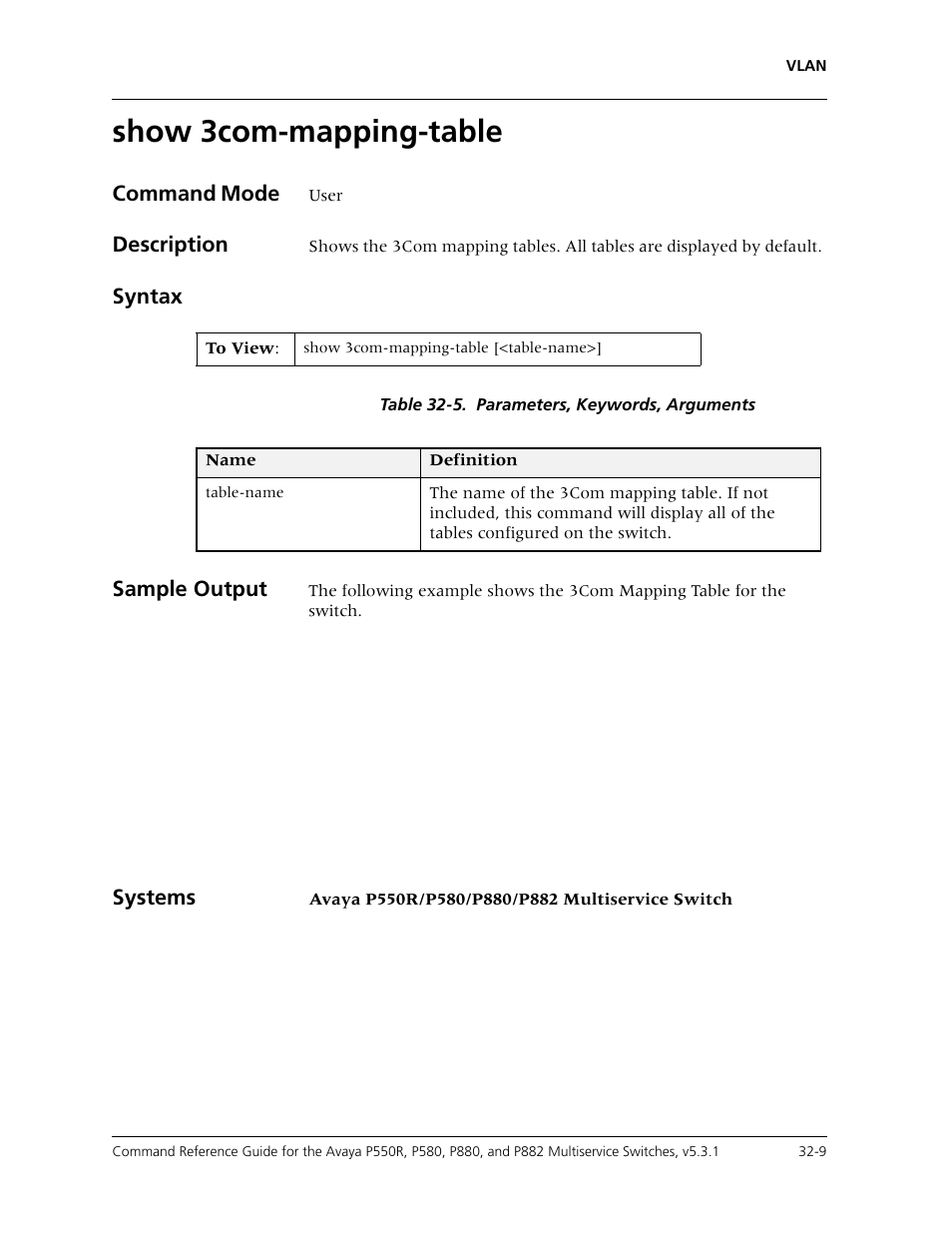 Show 3com-mapping-table, Show 3com-mapping-table -9, Command mode | Description, Syntax, Sample output, Systems | Avaya Cajun P550R User Manual | Page 654 / 679