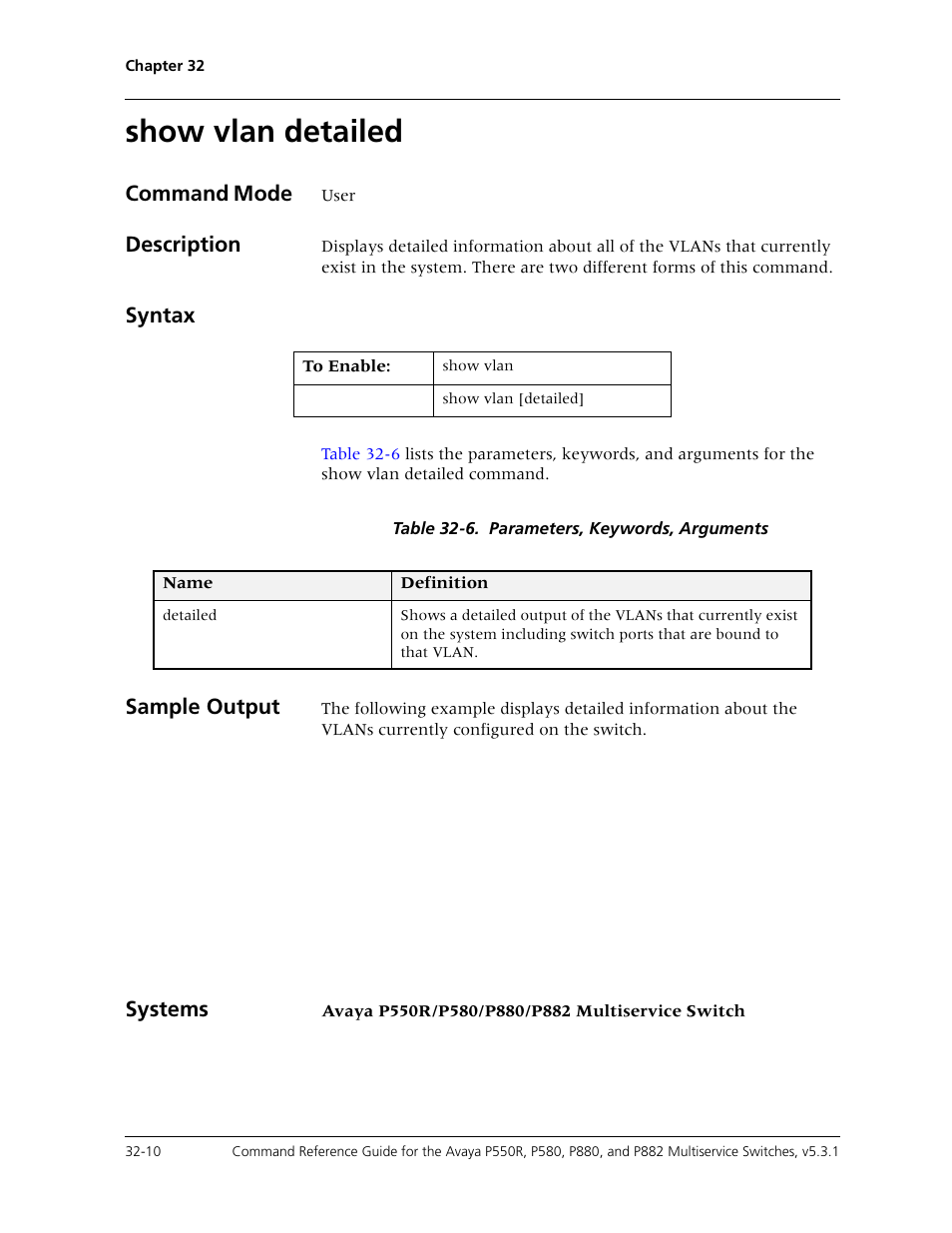 Show vlan detailed, Show vlan detailed -10, Command mode | Description, Syntax, Sample output, Systems | Avaya Cajun P550R User Manual | Page 655 / 679