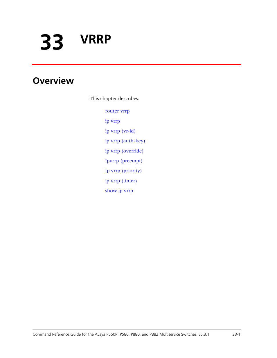 33 vrrp, Overview, Chapter 33 — vrrp -1 | Overview -1, Vrrp | Avaya Cajun P550R User Manual | Page 658 / 679