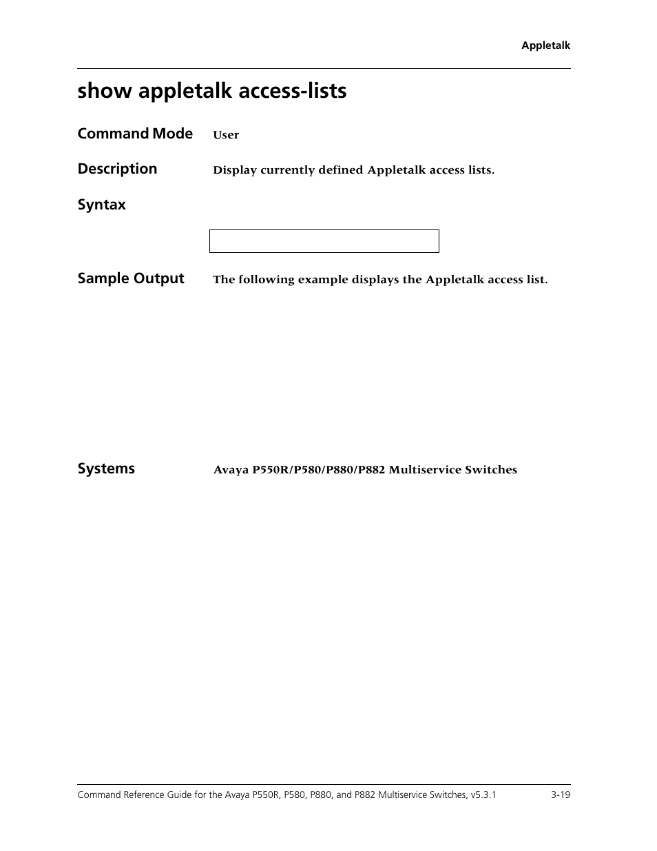 Show appletalk access-lists, Show appletalk access-lists -19 | Avaya Cajun P550R User Manual | Page 66 / 679