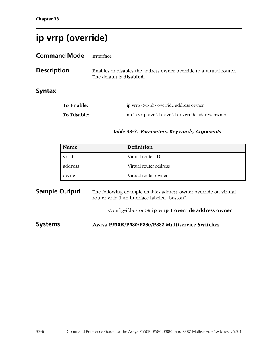 Ip vrrp (override), Ip vrrp (override) -6 | Avaya Cajun P550R User Manual | Page 663 / 679