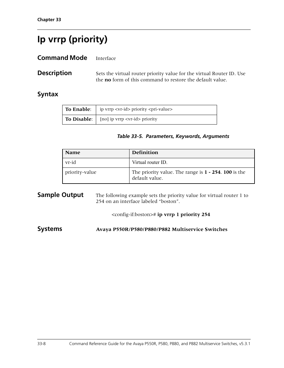 Ip vrrp (priority), Ip vrrp (priority) -8 | Avaya Cajun P550R User Manual | Page 665 / 679