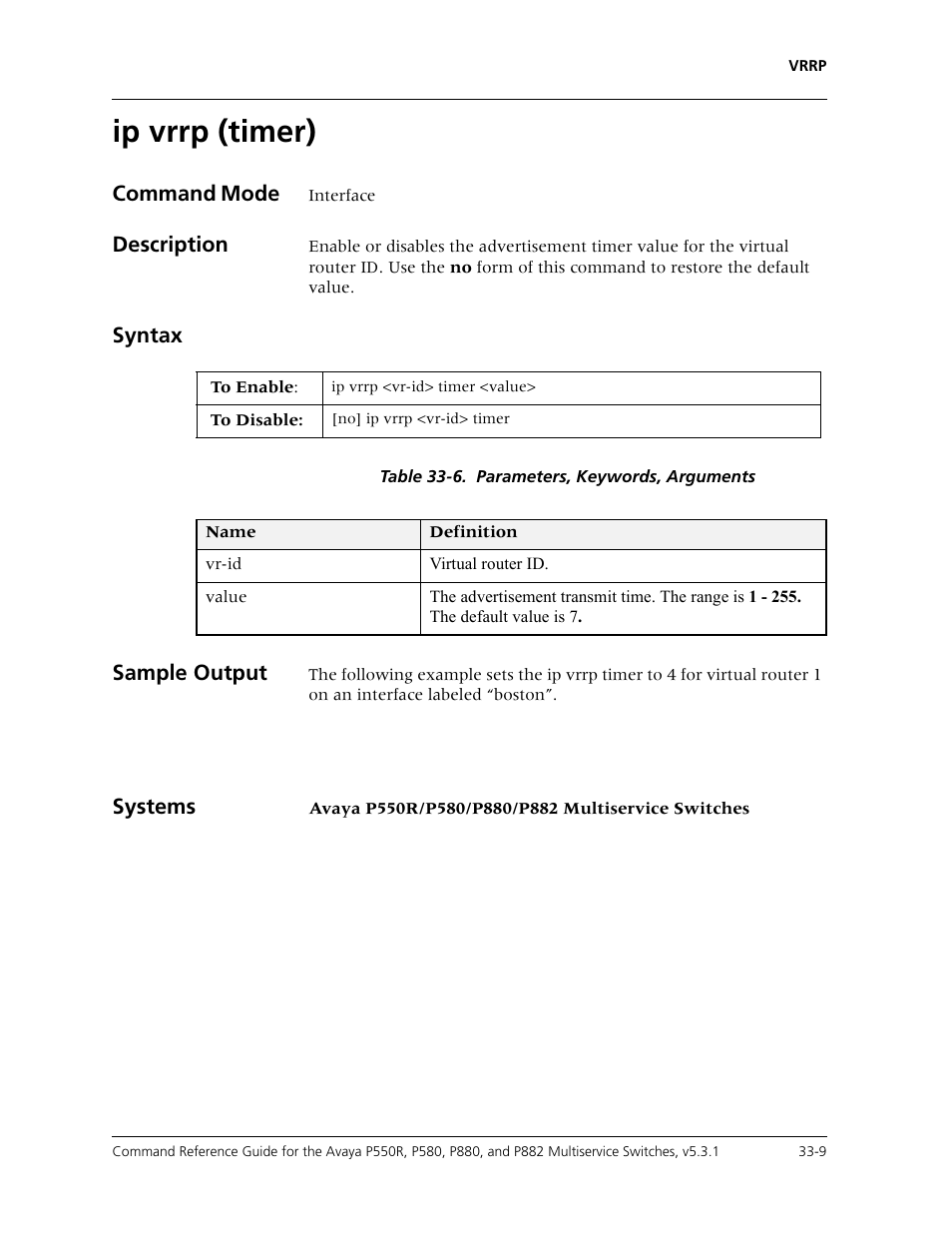 Ip vrrp (timer), Ip vrrp (timer) -9 | Avaya Cajun P550R User Manual | Page 666 / 679