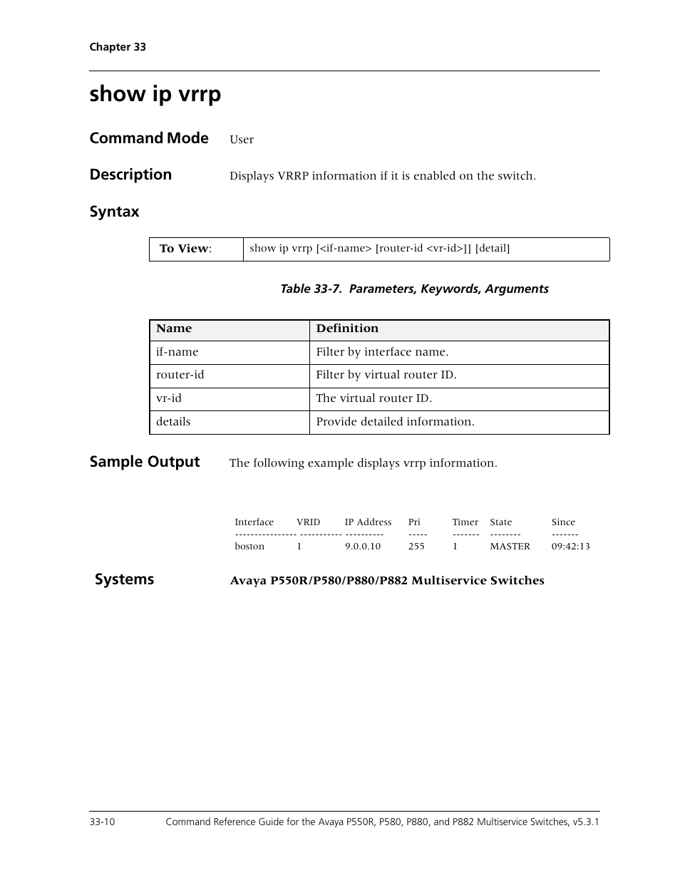 Show ip vrrp, Show ip vrrp -10, Command mode | Description, Syntax, Sample output, Systems | Avaya Cajun P550R User Manual | Page 667 / 679