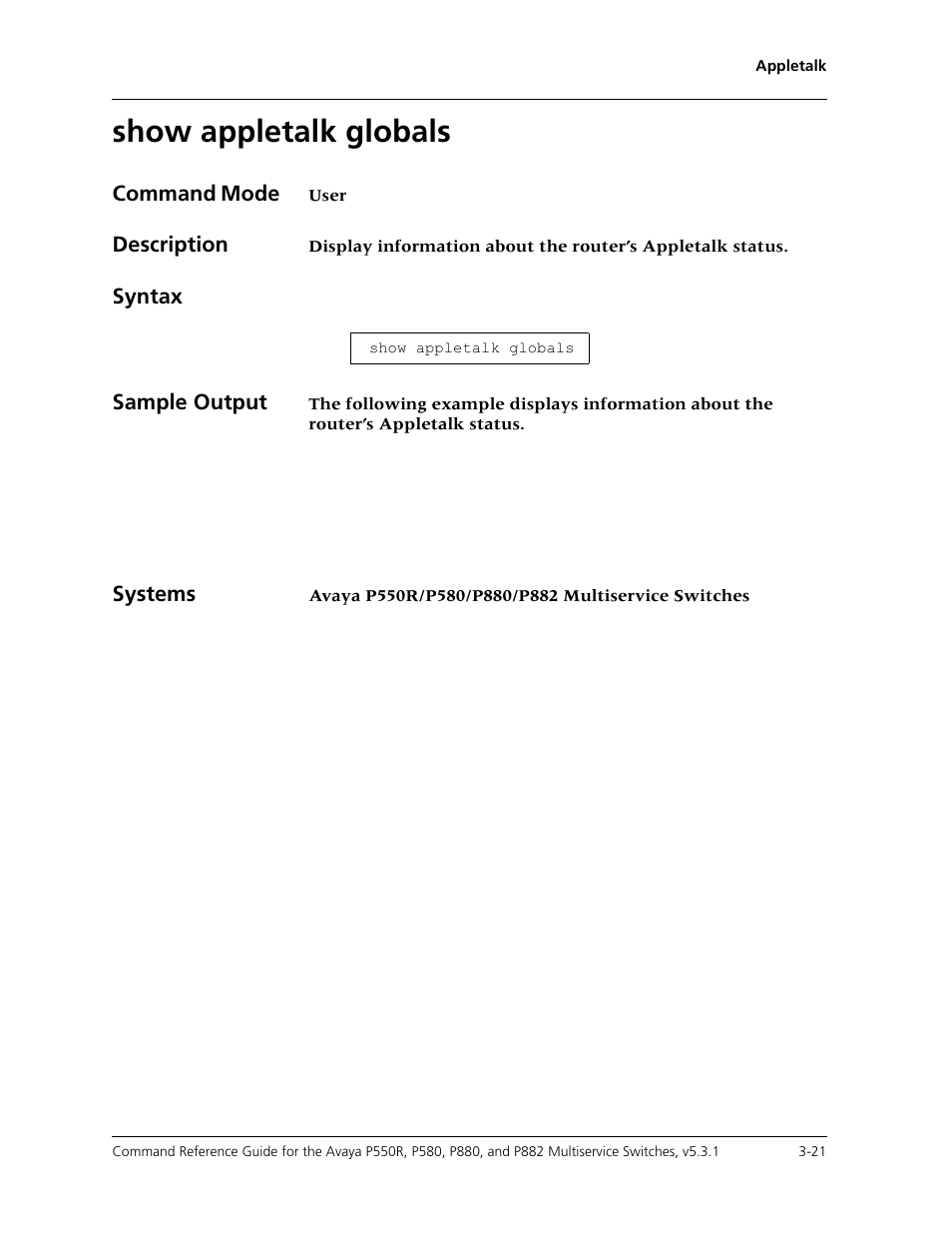 Show appletalk globals, Show appletalk globals -21 | Avaya Cajun P550R User Manual | Page 68 / 679