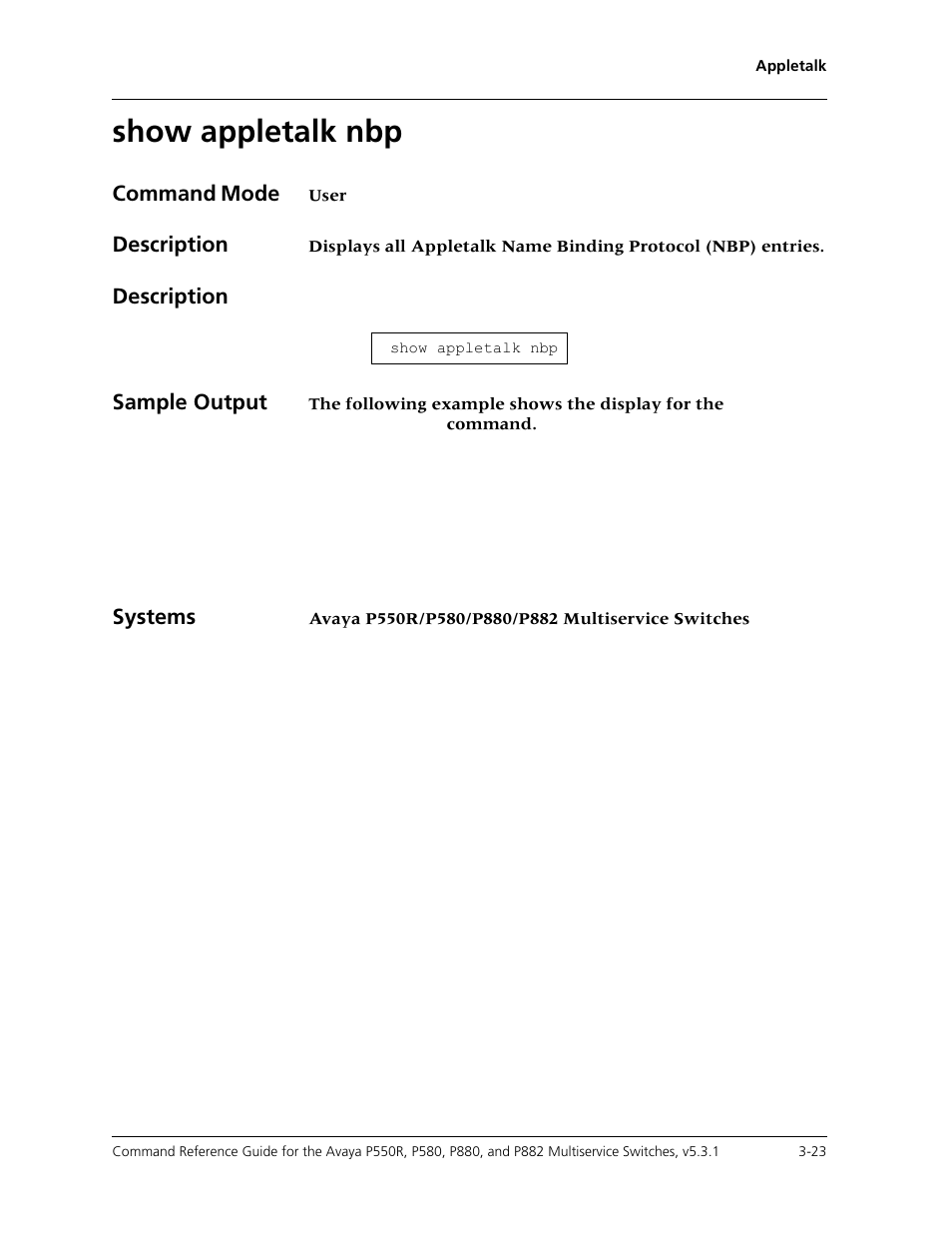 Show appletalk nbp, Show appletalk nbp -23 | Avaya Cajun P550R User Manual | Page 70 / 679