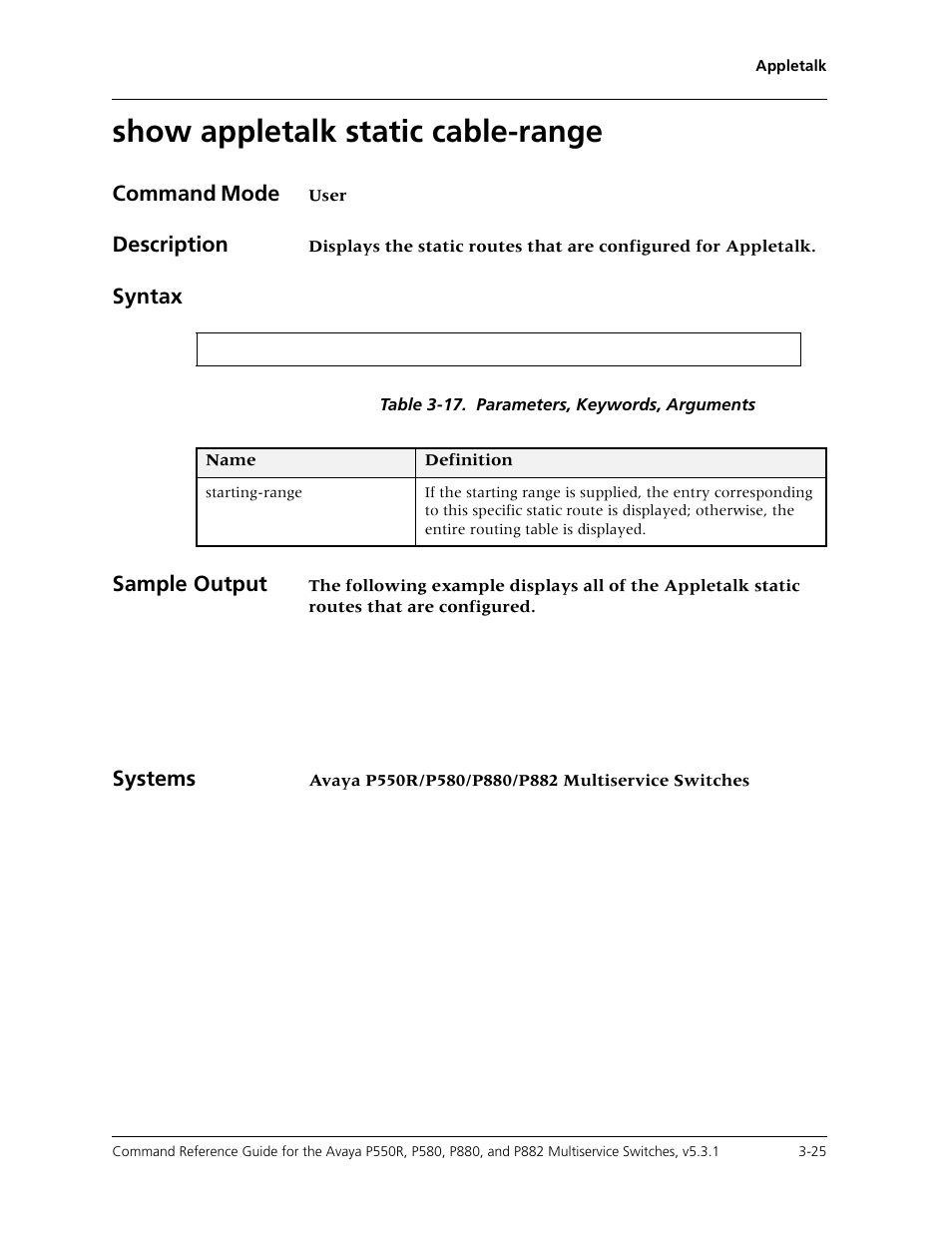 Show appletalk static cable-range, Show appletalk static cable-range -25 | Avaya Cajun P550R User Manual | Page 72 / 679