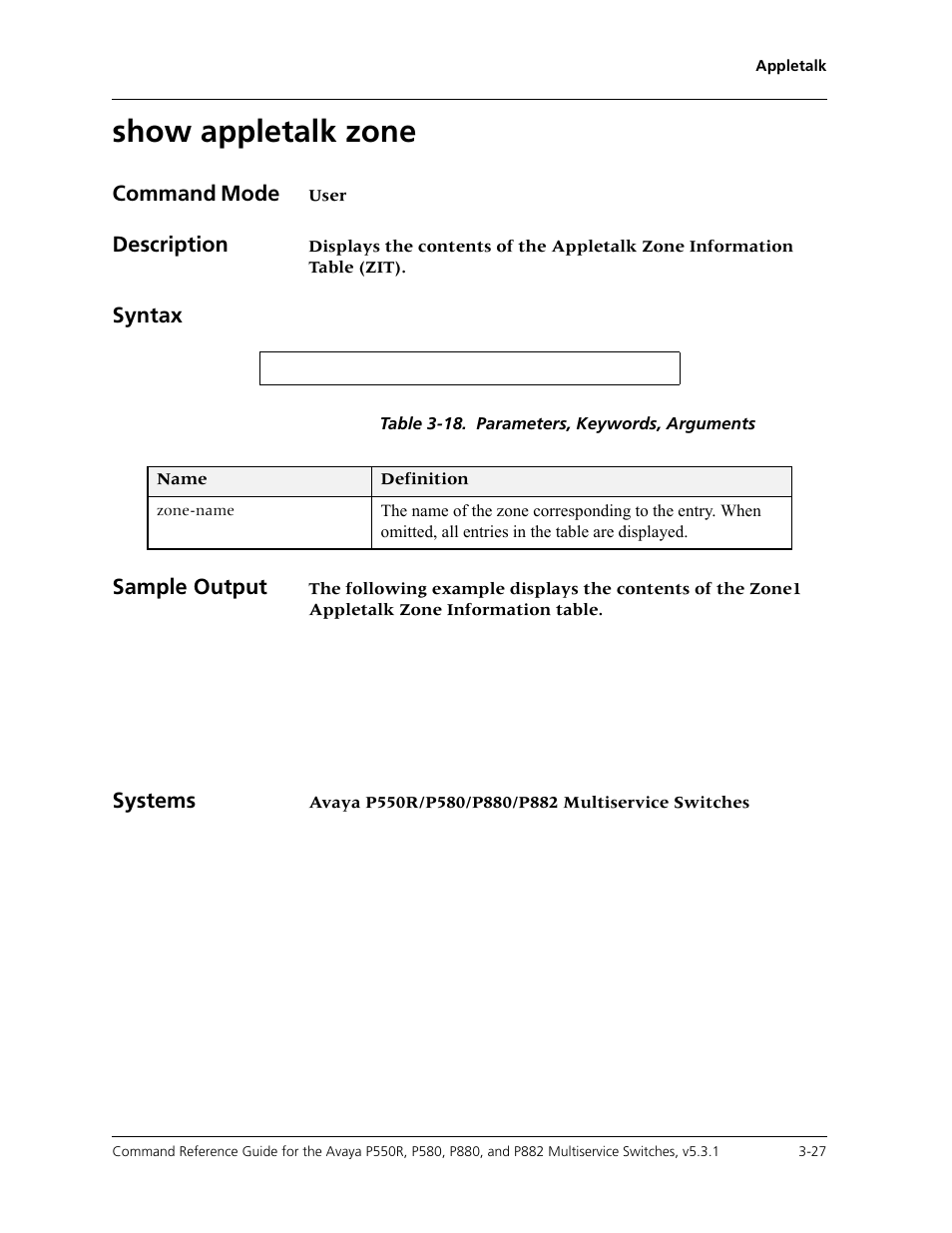 Show appletalk zone, Show appletalk zone -27 | Avaya Cajun P550R User Manual | Page 74 / 679