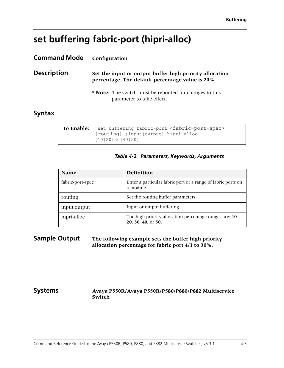 Set buffering fabric-port (hipri-alloc), Set buffering fabric-port (hipri-alloc) -3, Command mode | Description, Syntax, Sample output, Systems | Avaya Cajun P550R User Manual | Page 78 / 679