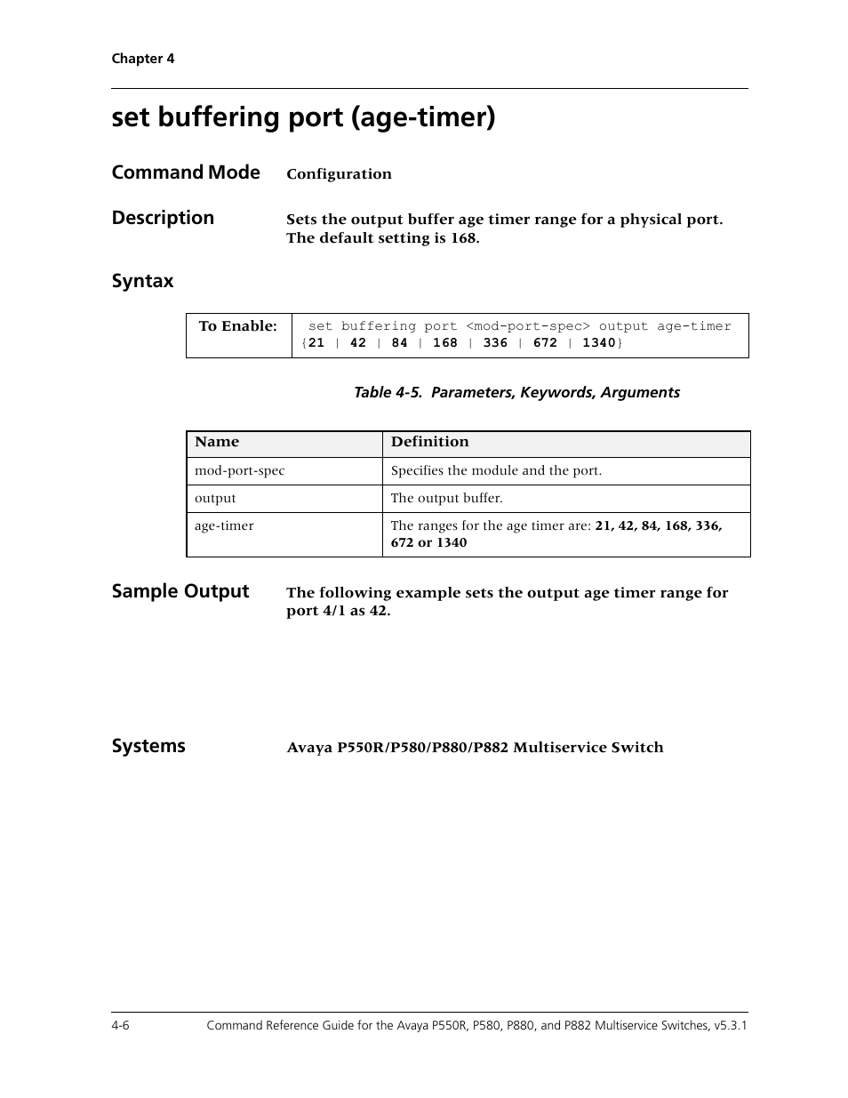 Set buffering port (age-timer), Set buffering port (age-timer) -6, Command mode | Description, Syntax, Sample output, Systems | Avaya Cajun P550R User Manual | Page 81 / 679