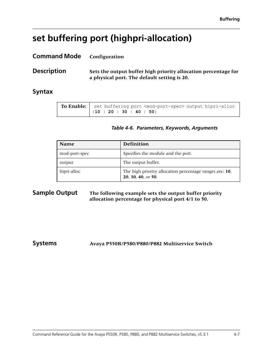 Set buffering port (highpri-allocation), Set buffering port (highpri-allocation) -7, Command mode | Description, Syntax, Sample output, Systems | Avaya Cajun P550R User Manual | Page 82 / 679