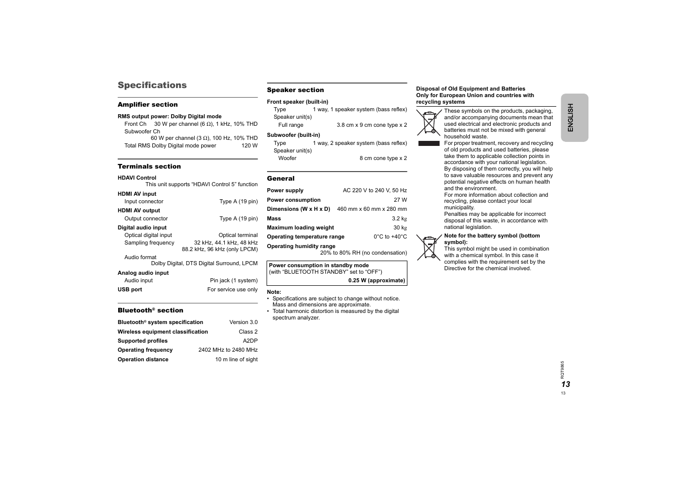 Specifications | Panasonic SCHTE80EG User Manual | Page 13 / 76