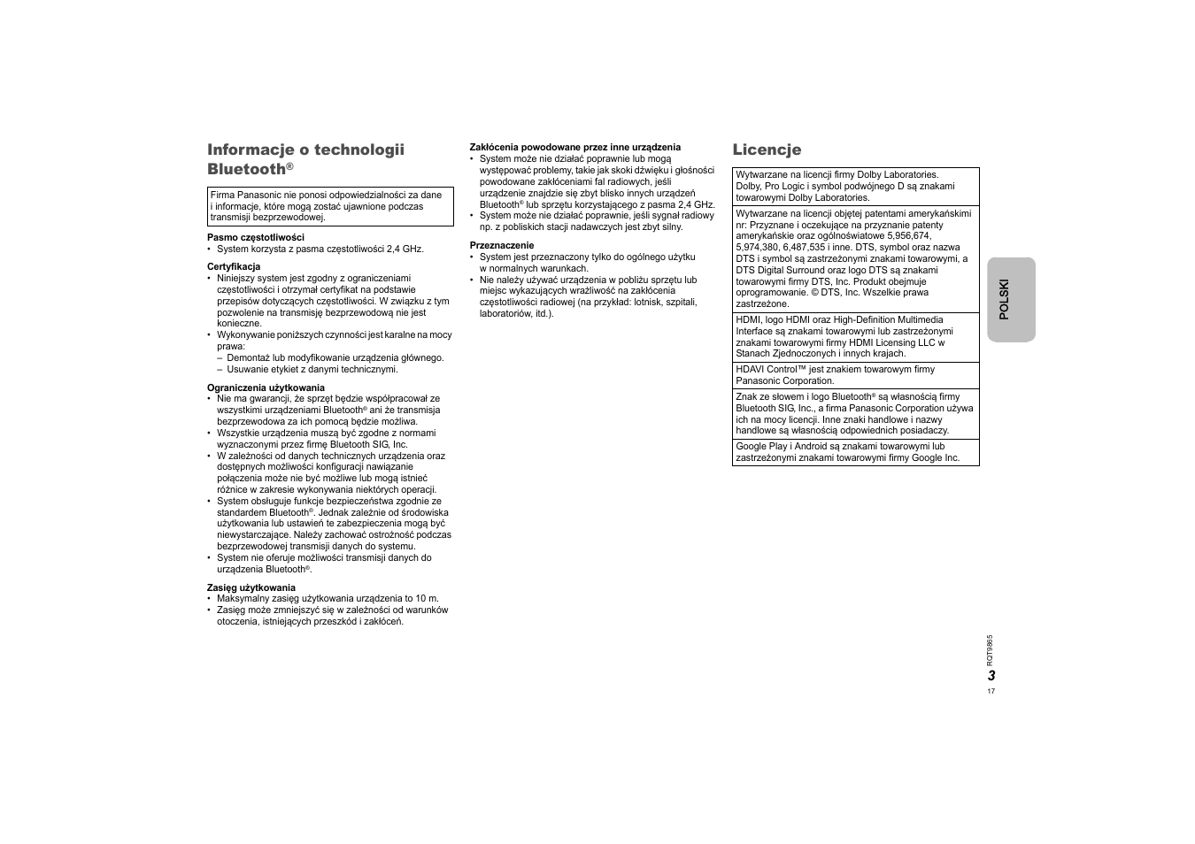 Informacje o technologii bluetooth, Licencje | Panasonic SCHTE80EG User Manual | Page 17 / 76