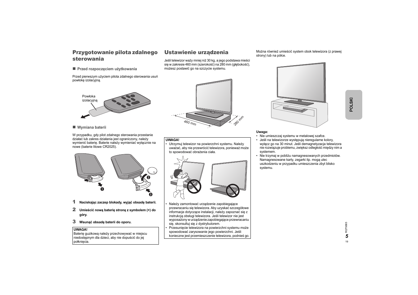 Przygotowanie pilota zdalnego sterowania, Ustawienie urządzenia | Panasonic SCHTE80EG User Manual | Page 19 / 76
