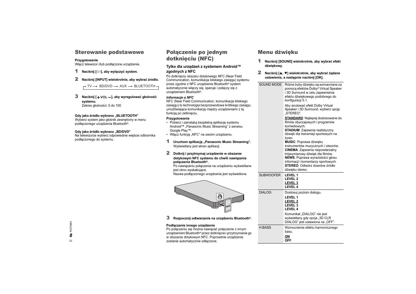 Sterowanie podstawowe, Połączenie po jednym dotknięciu (nfc), Menu dźwięku | Panasonic SCHTE80EG User Manual | Page 22 / 76