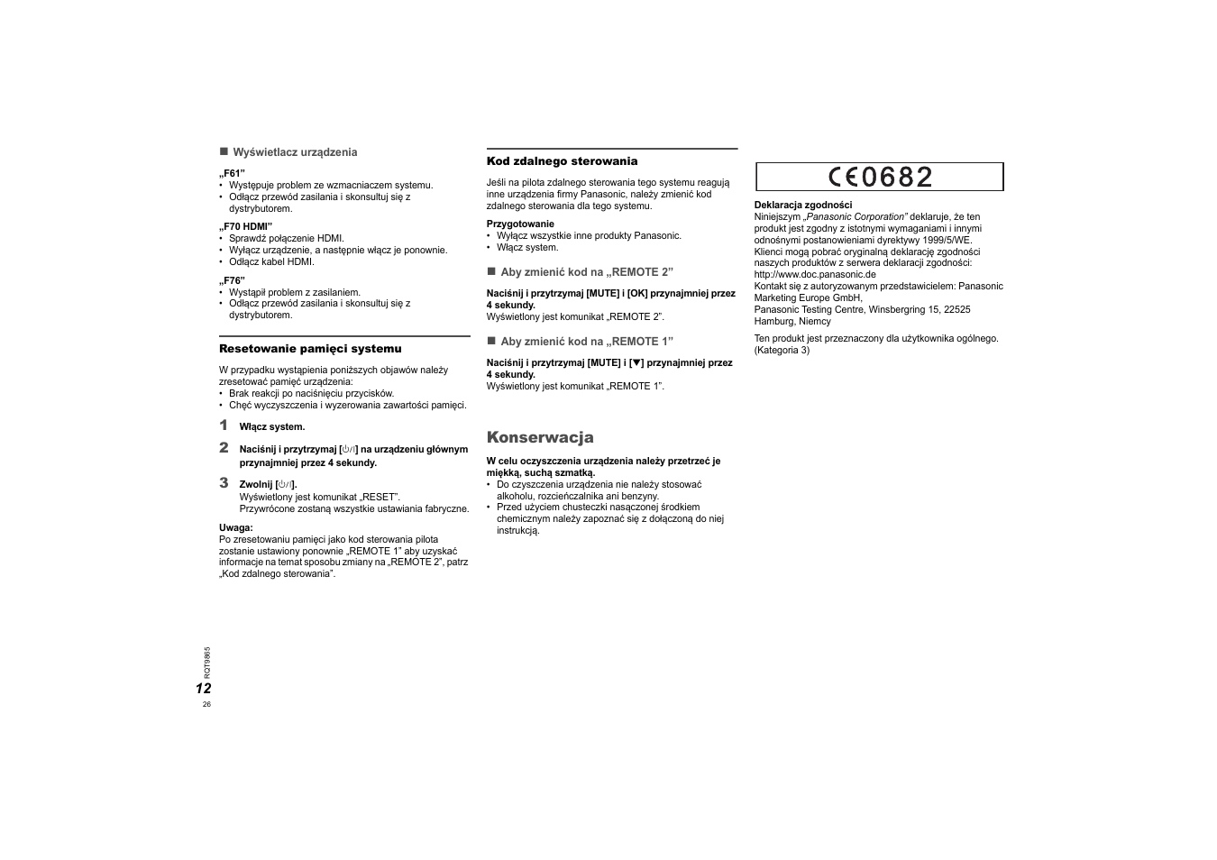 Konserwacja | Panasonic SCHTE80EG User Manual | Page 26 / 76