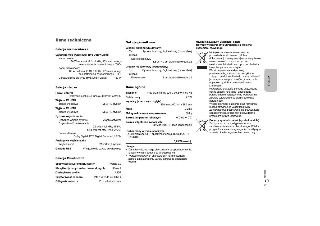 Dane techniczne | Panasonic SCHTE80EG User Manual | Page 27 / 76