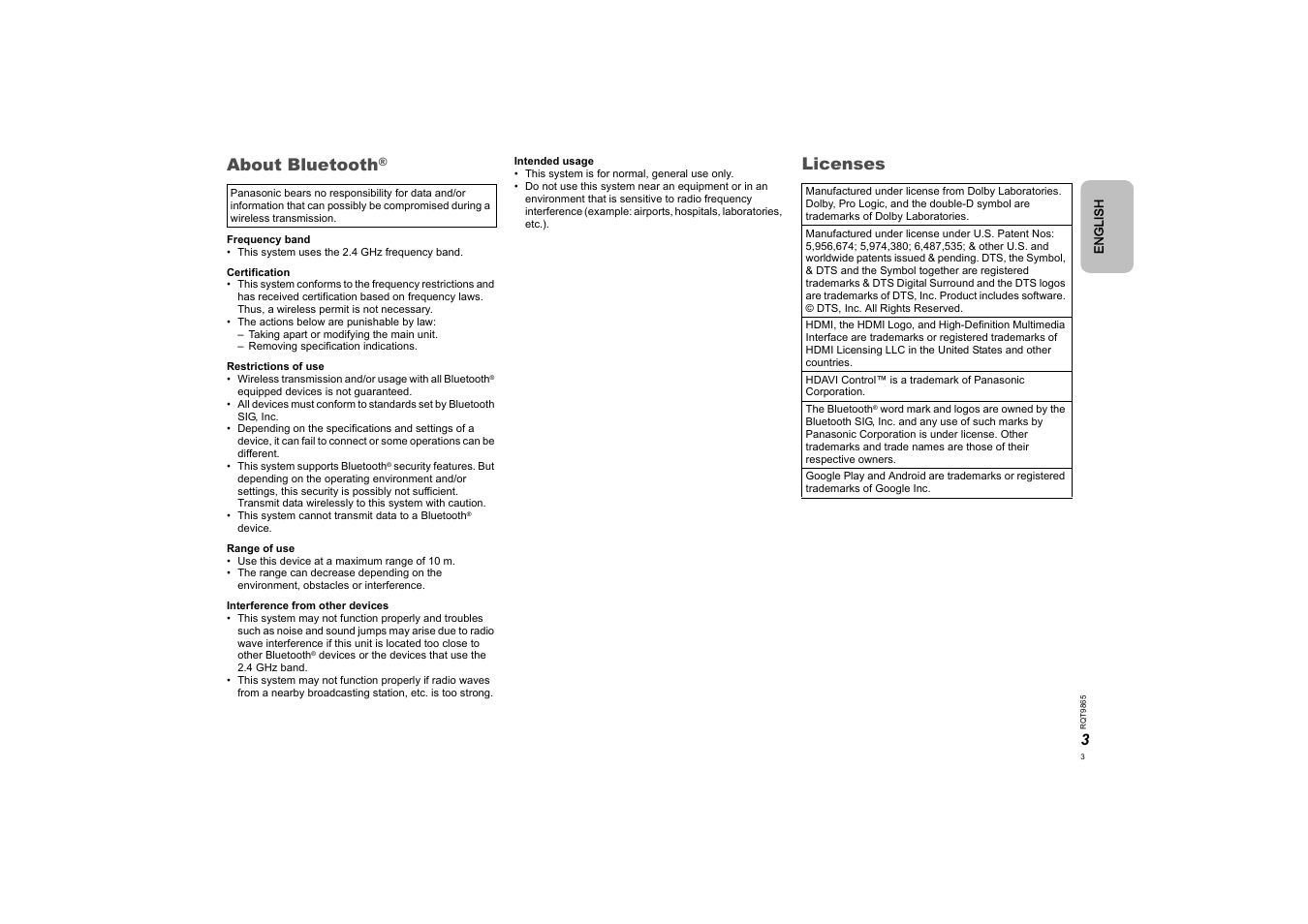 About bluetooth, Licenses | Panasonic SCHTE80EG User Manual | Page 3 / 76