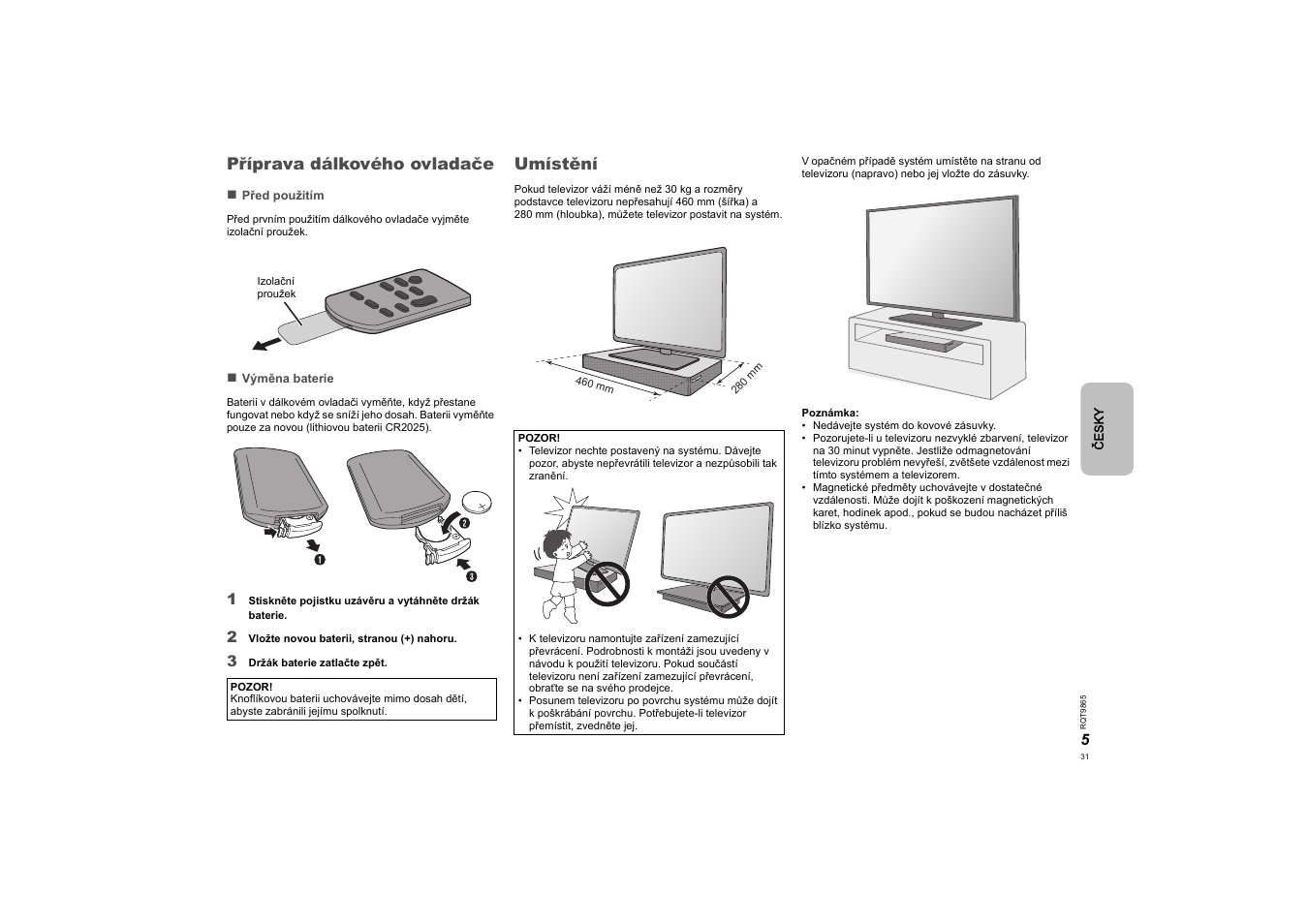 Příprava dálkového ovladače, Umístění, Příprava dálkového ovladače umístění | Panasonic SCHTE80EG User Manual | Page 31 / 76
