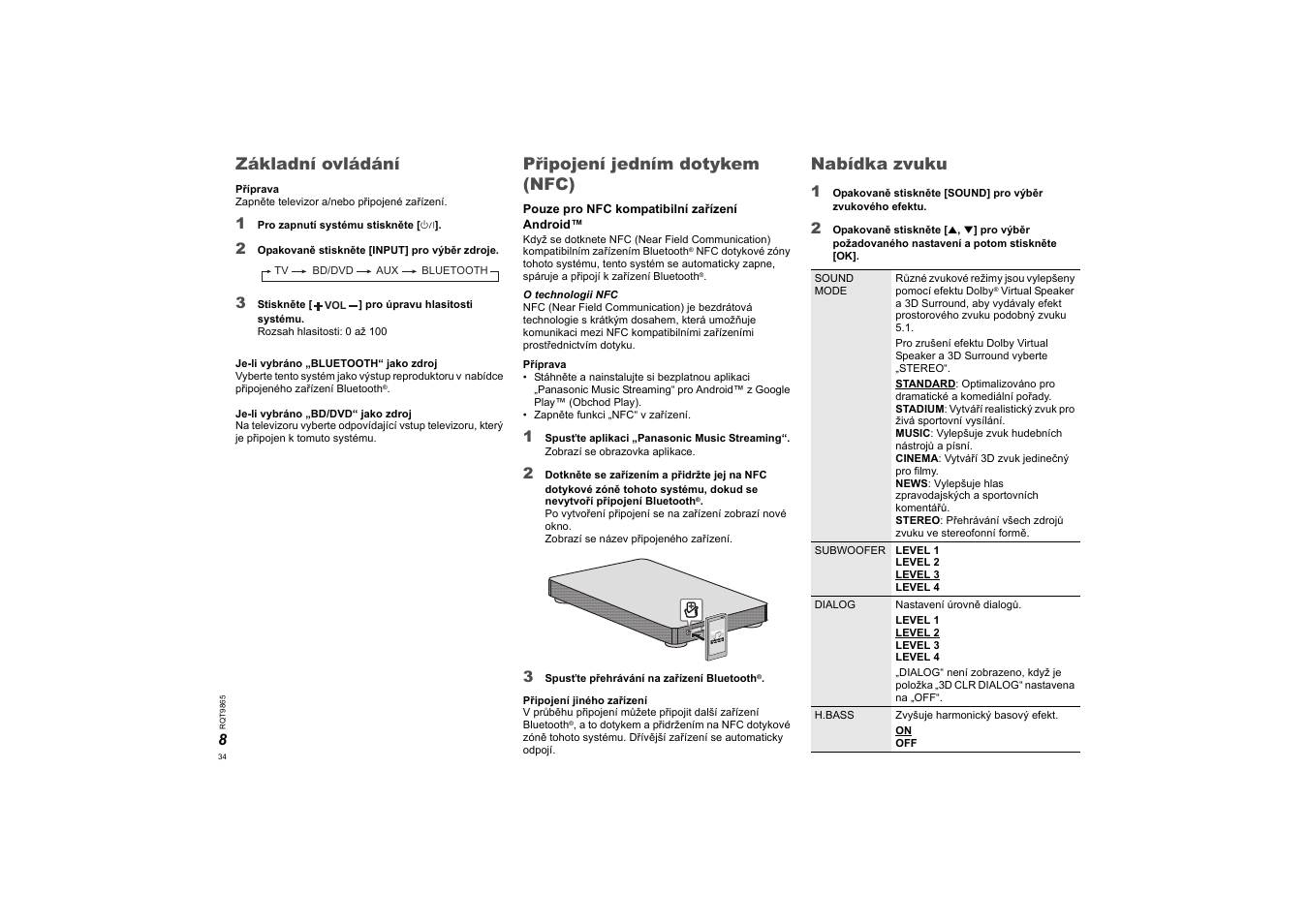 Základní ovládání, Připojení jedním dotykem (nfc), Nabídka zvuku | Panasonic SCHTE80EG User Manual | Page 34 / 76