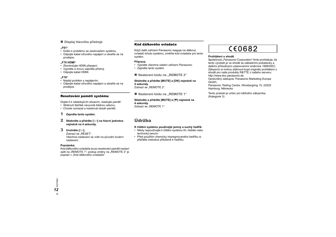 Údržba | Panasonic SCHTE80EG User Manual | Page 38 / 76