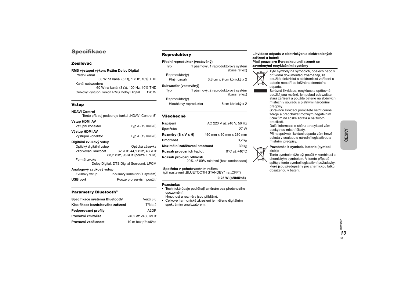 Specifikace | Panasonic SCHTE80EG User Manual | Page 39 / 76