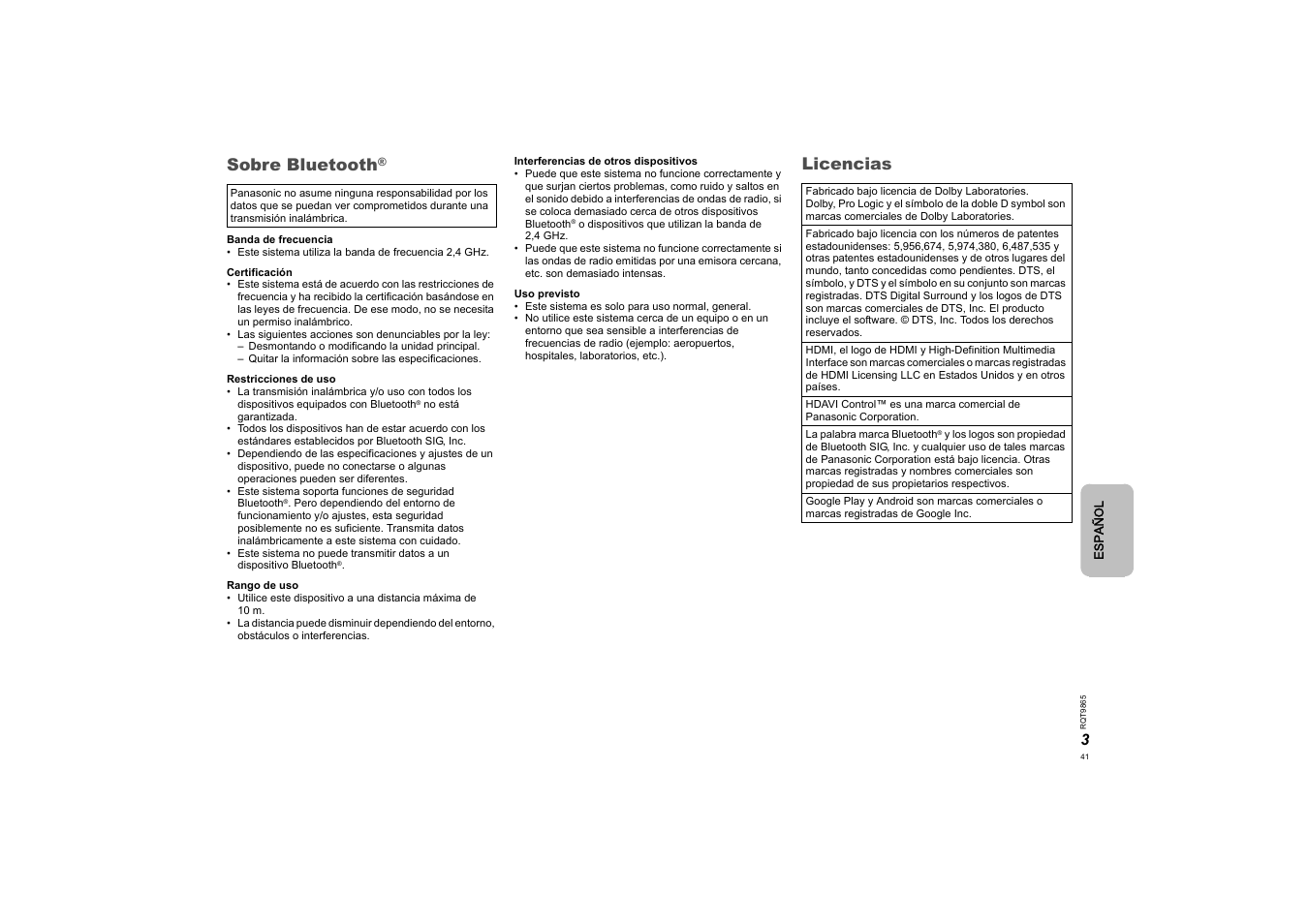 Sobre bluetooth, Licencias | Panasonic SCHTE80EG User Manual | Page 41 / 76