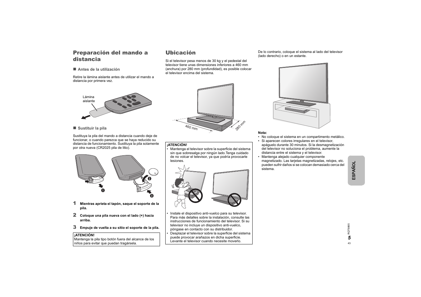 Preparación del mando a distancia, Ubicación, Preparación del mando a distancia ubicación | Panasonic SCHTE80EG User Manual | Page 43 / 76