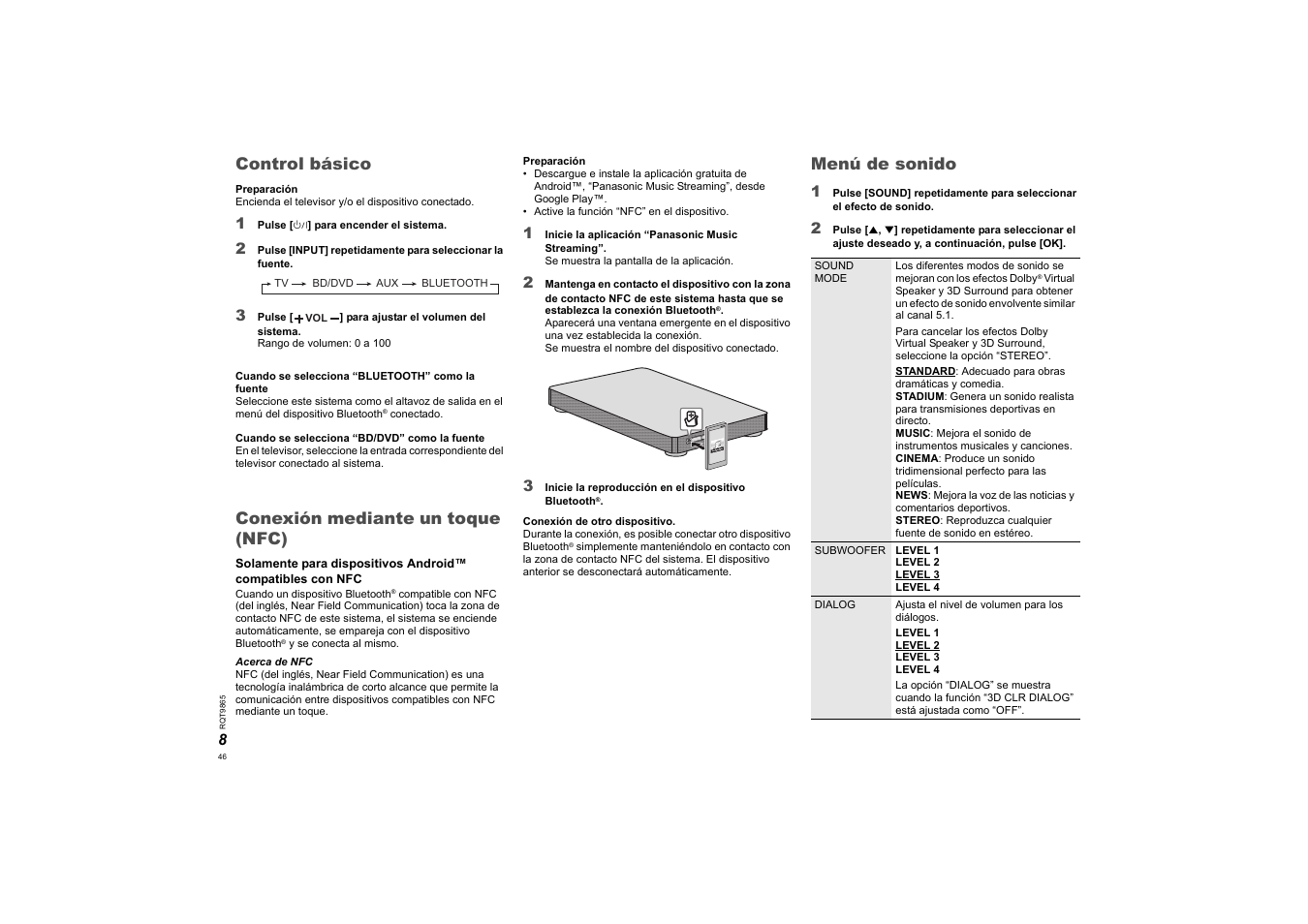 Control básico, Conexión mediante un toque (nfc), Menú de sonido | Panasonic SCHTE80EG User Manual | Page 46 / 76