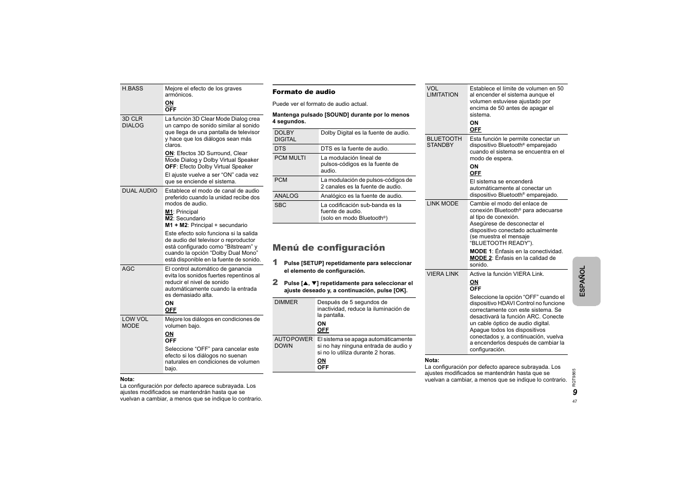 Menú de configuración | Panasonic SCHTE80EG User Manual | Page 47 / 76