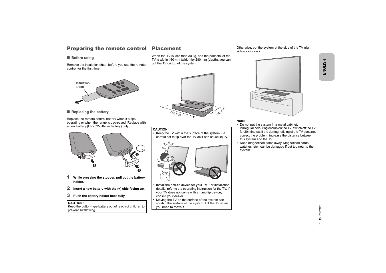 Preparing the remote control, Placement | Panasonic SCHTE80EG User Manual | Page 5 / 76
